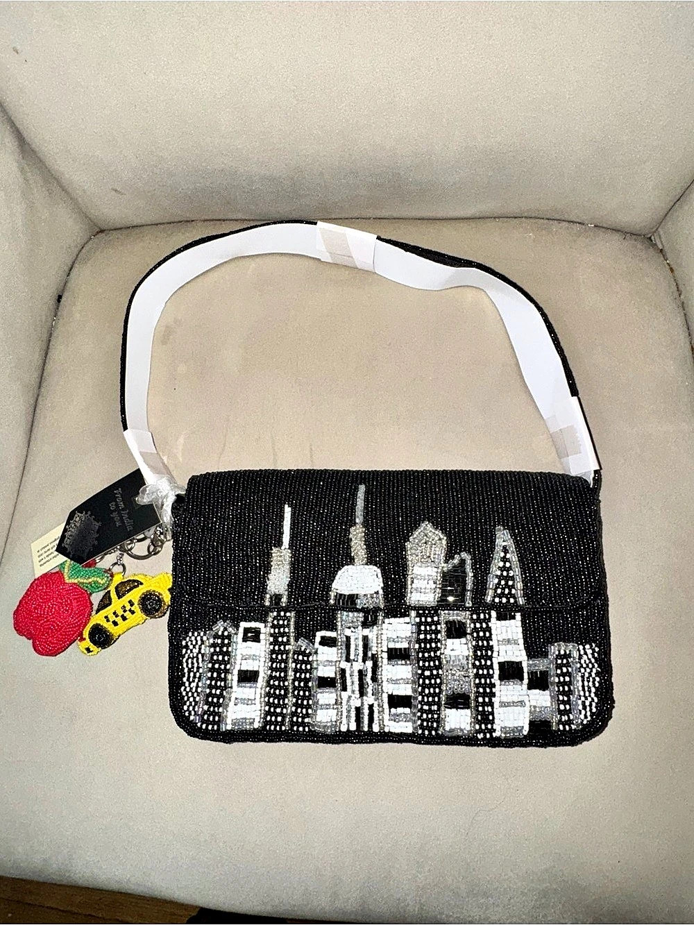 From India to You NYC Skyline Beaded Shoulder Bag Black & White